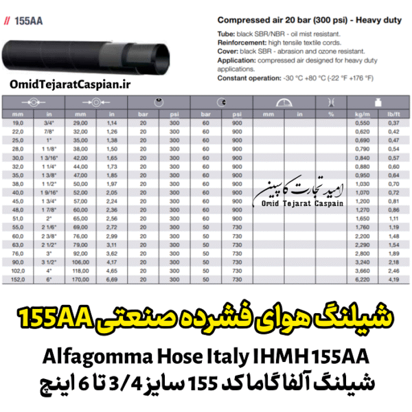 شیلنگ هواى فشرده صنعتی 155A | سایز 3/4 تا 6 اینچ | فشار 20 بار